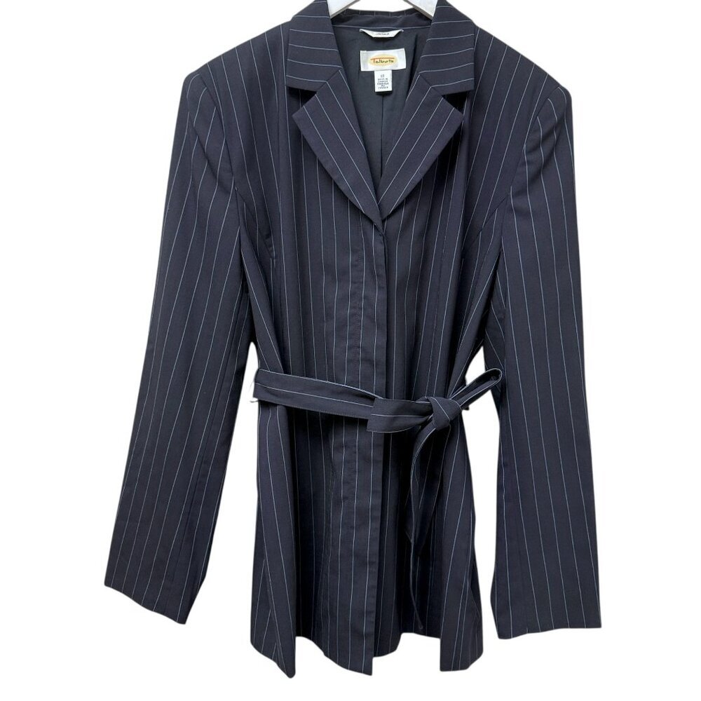 Vintage Talbots Womens Navy Pinstripe Jacket Size 10 Wool Blend Blazer Belted